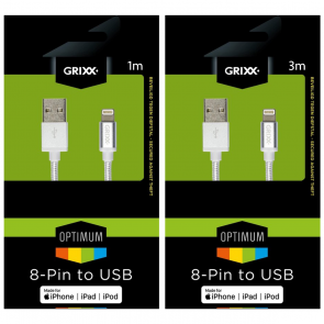 Grixx Optimum Apple Lightning - USB A kabel, 1 m + 3 m, wit, 2-pack